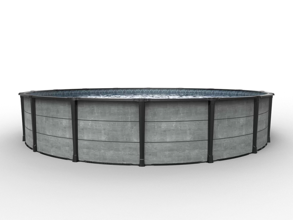 Carvin silver newtown round above ground pool grey concrete finish piscine hors terre ronde fini beton gris