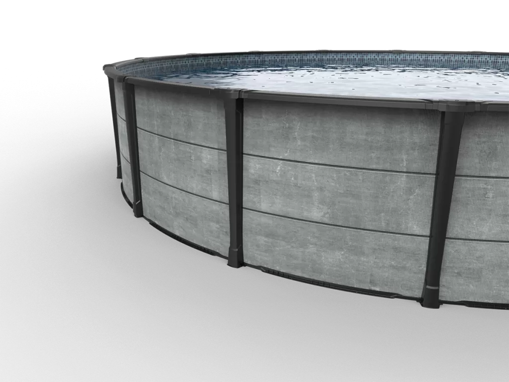 Carvin silver newtown round above ground pool grey concrete finish piscine hors terre ronde fini beton gris c2